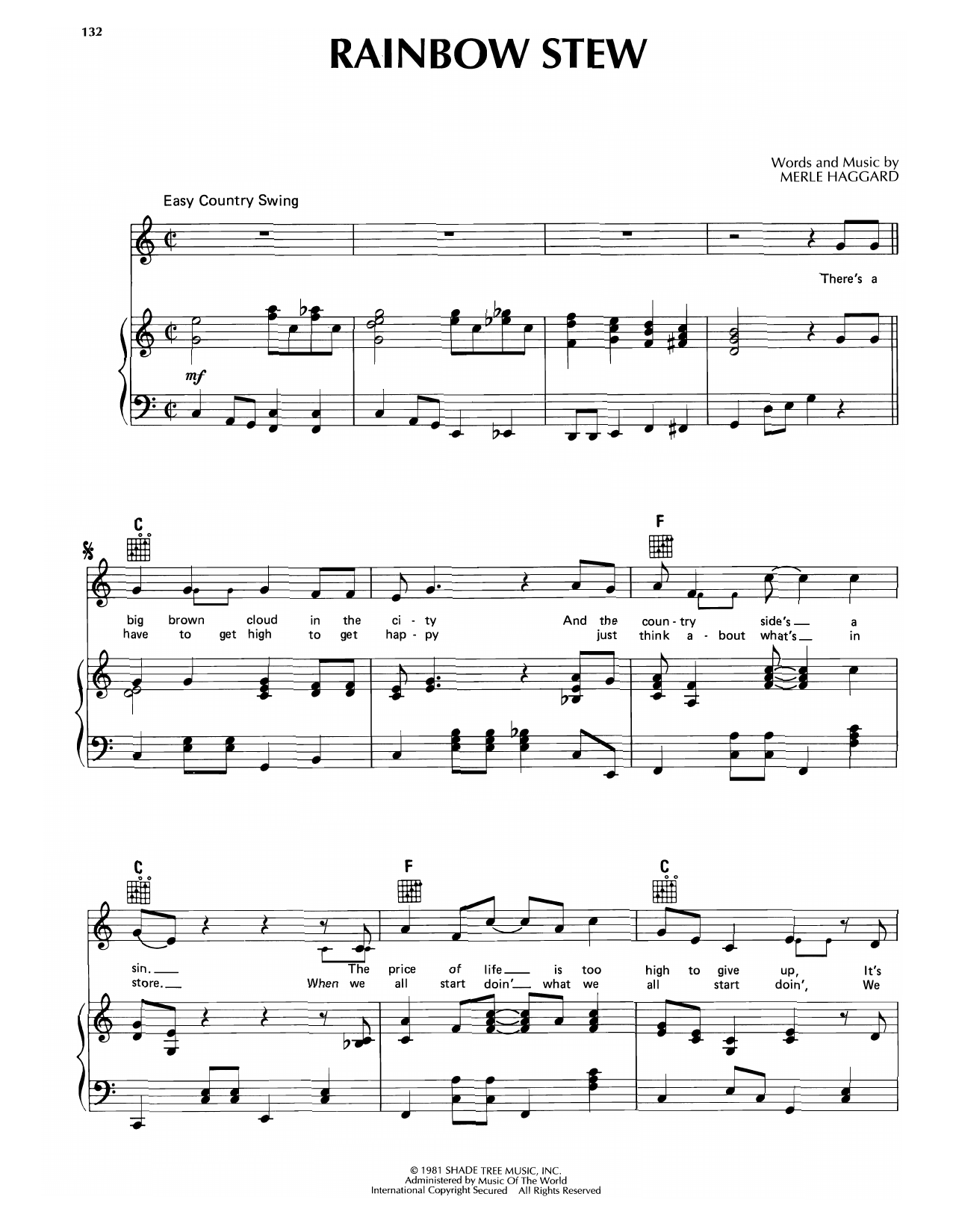 Merle Haggard Rainbow Stew sheet music notes and chords arranged for Piano, Vocal & Guitar Chords (Right-Hand Melody)