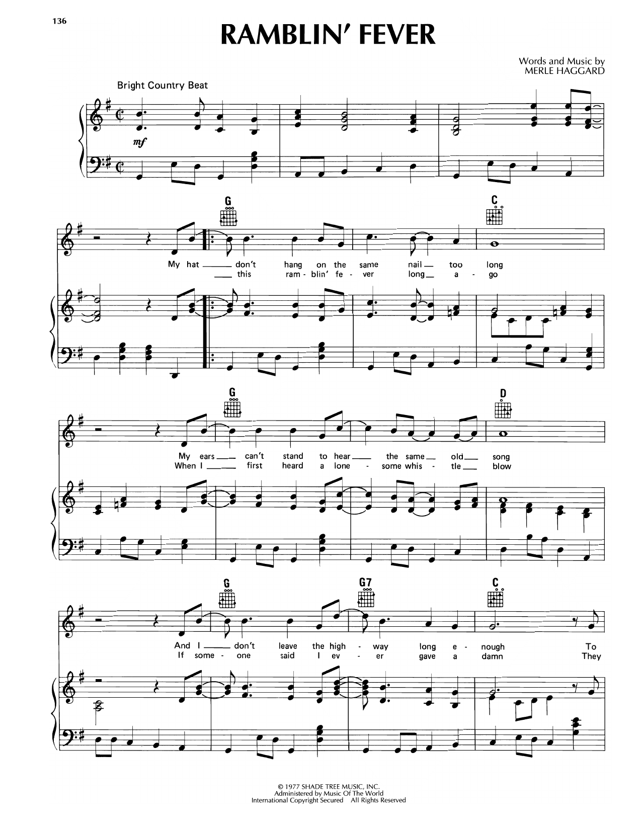 Merle Haggard Ramblin' Fever sheet music notes and chords arranged for Piano, Vocal & Guitar Chords (Right-Hand Melody)