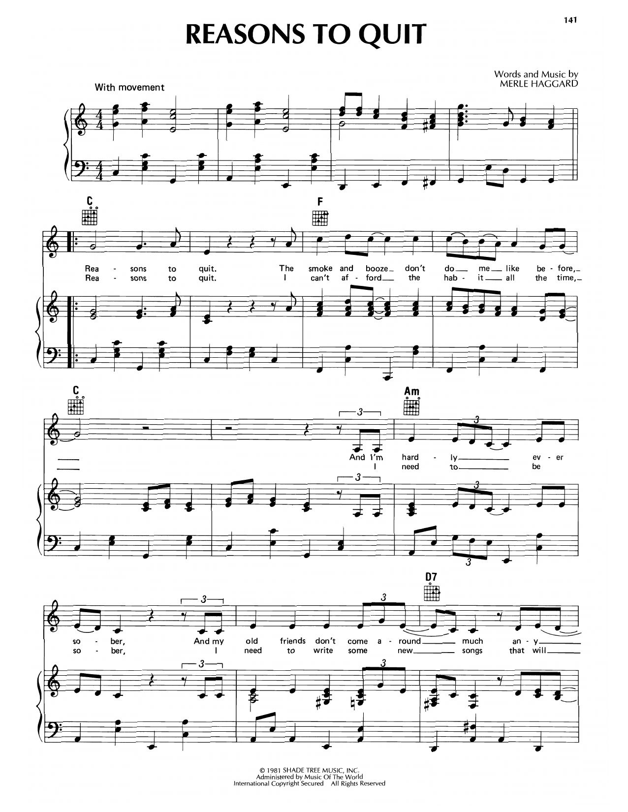 Merle Haggard Reasons To Quit sheet music notes and chords arranged for Piano, Vocal & Guitar Chords (Right-Hand Melody)