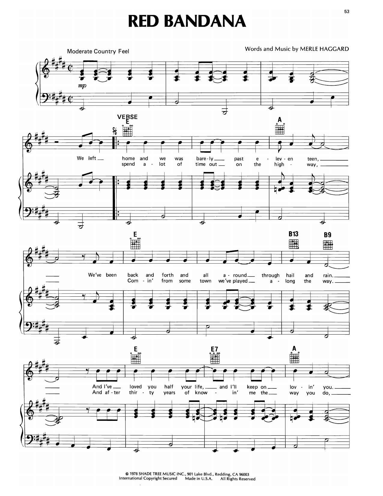 Merle Haggard Red Bandana sheet music notes and chords arranged for Piano, Vocal & Guitar Chords (Right-Hand Melody)