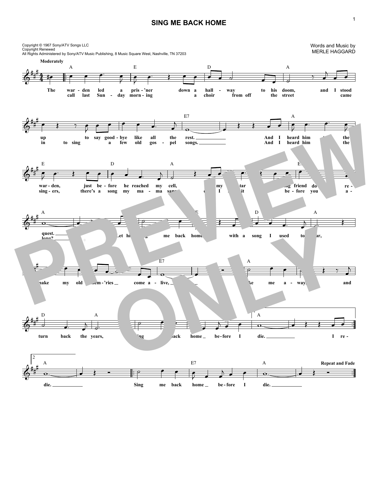 Merle Haggard Sing Me Back Home sheet music notes and chords arranged for Lead Sheet / Fake Book