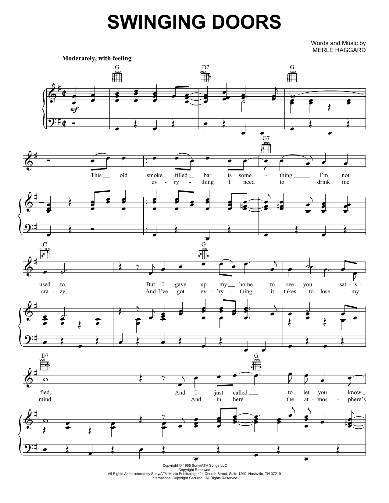 Merle Haggard Swinging Doors sheet music notes and chords arranged for Piano, Vocal & Guitar Chords (Right-Hand Melody)