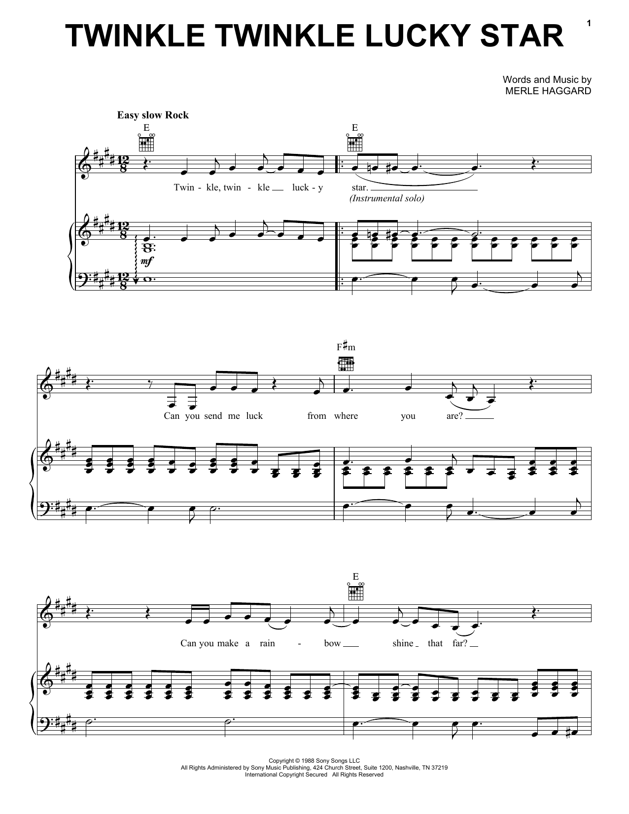 Merle Haggard Twinkle Twinkle Lucky Star sheet music notes and chords arranged for Piano, Vocal & Guitar Chords (Right-Hand Melody)
