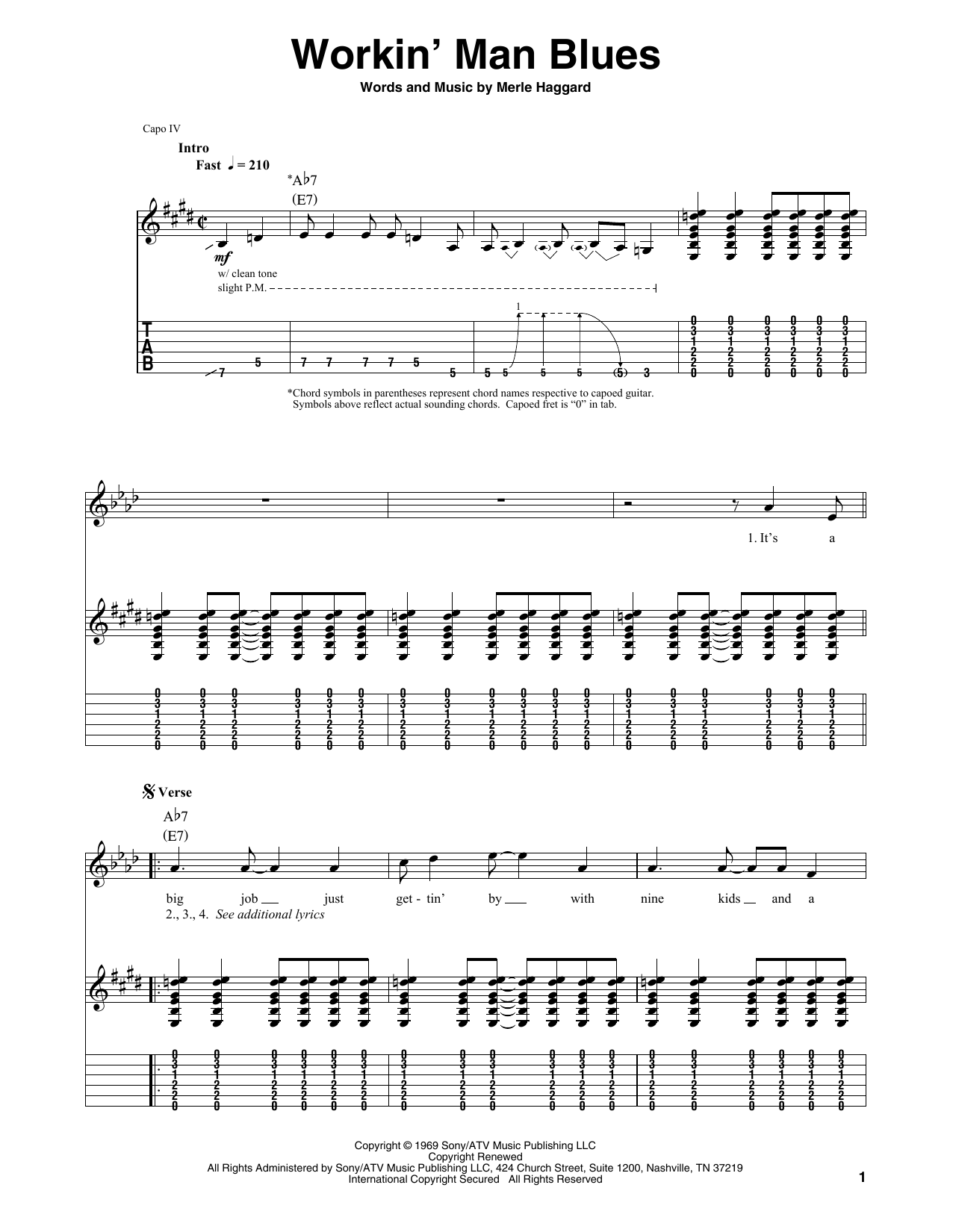 Merle Haggard Workin' Man Blues sheet music notes and chords arranged for Guitar Tab (Single Guitar)