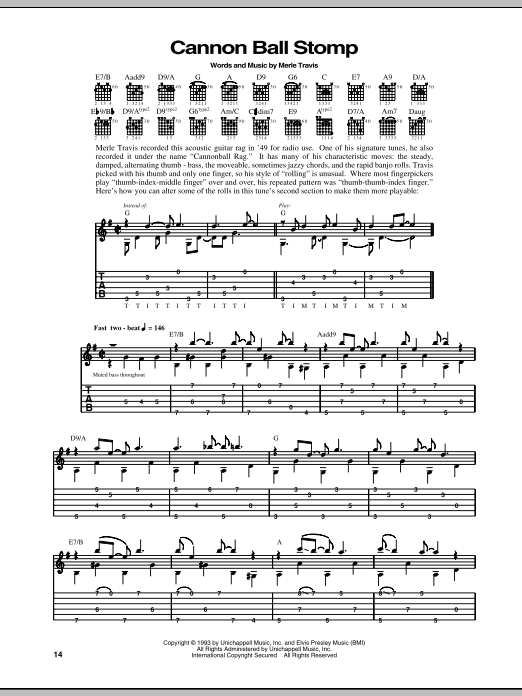 Merle Travis Cannon Ball Stomp sheet music notes and chords arranged for Guitar Tab