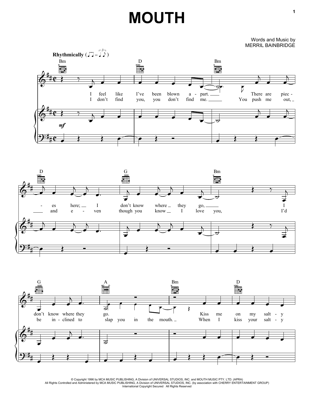 Merril Bainbridge Mouth sheet music notes and chords arranged for Piano, Vocal & Guitar Chords (Right-Hand Melody)