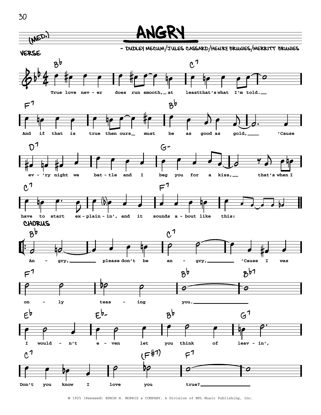 Merritt Brunies Angry (arr. Robert Rawlins) sheet music notes and chords arranged for Real Book – Melody, Lyrics & Chords
