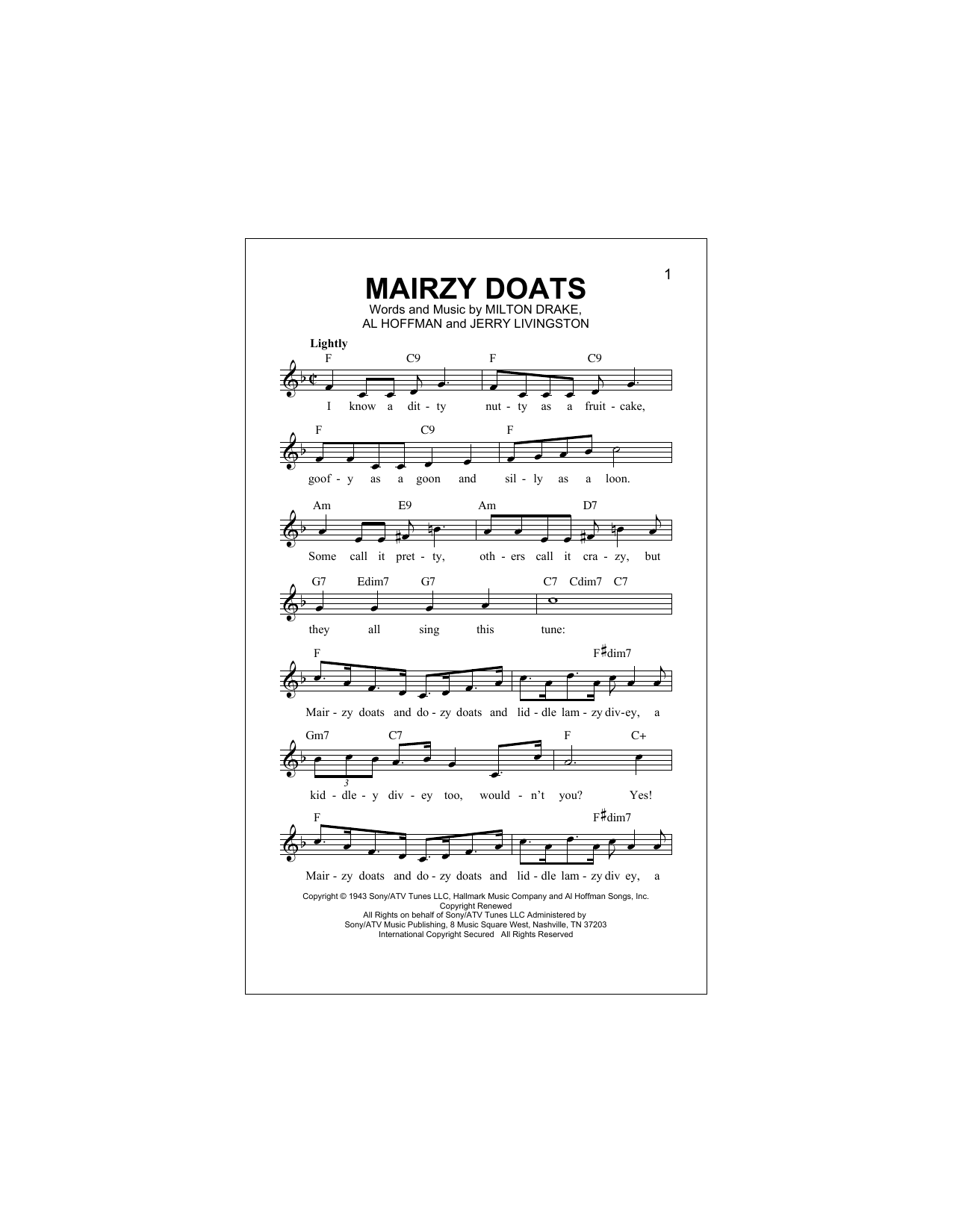 Merry Macs Mairzy Doats sheet music notes and chords arranged for Lead Sheet / Fake Book