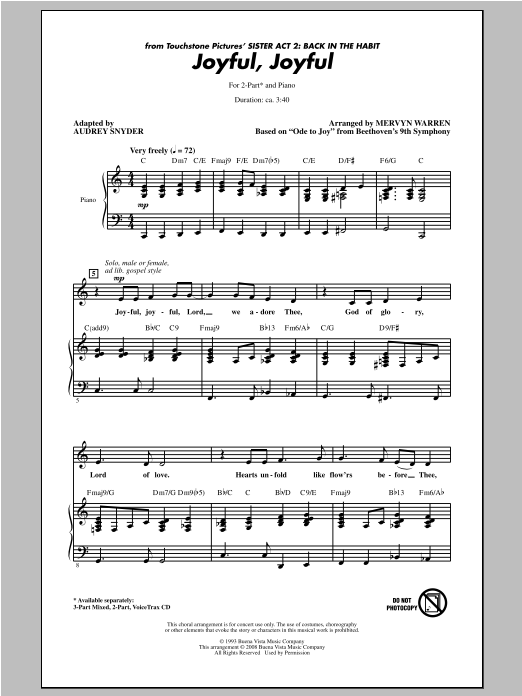 Mervyn Warren Joyful, Joyful (from Sister Act 2) (arr. Audrey Snyder) sheet music notes and chords arranged for 3-Part Mixed Choir