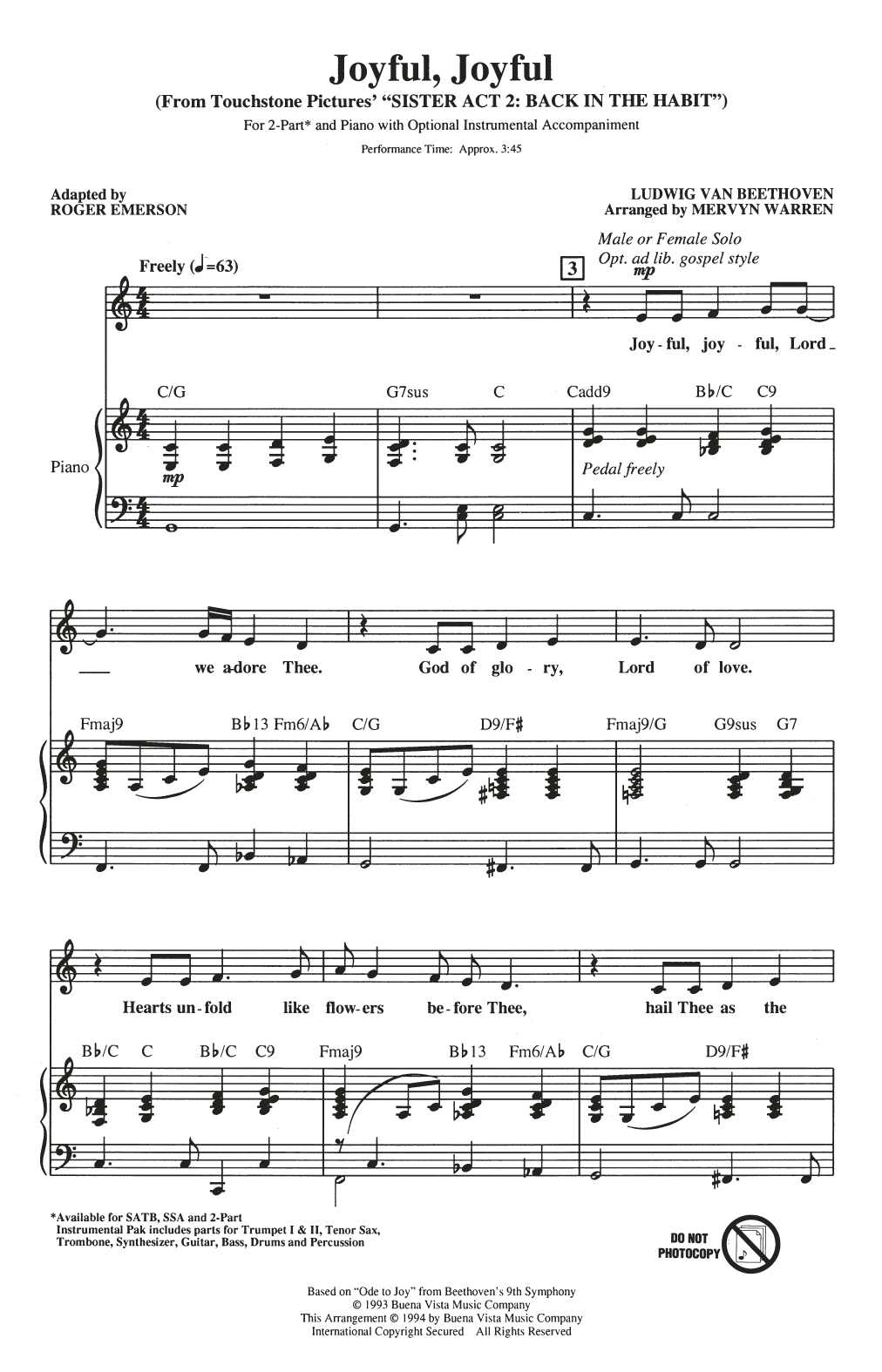 Mervyn Warren Joyful, Joyful (from Sister Act 2) (arr. Roger Emerson) sheet music notes and chords arranged for 3-Part Mixed Choir