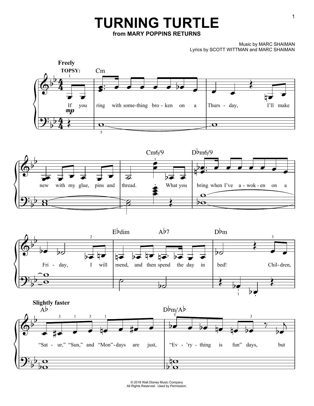 Meryl Streep & Company Turning Turtle (from Mary Poppins Returns) sheet music notes and chords arranged for Piano, Vocal & Guitar Chords (Right-Hand Melody)