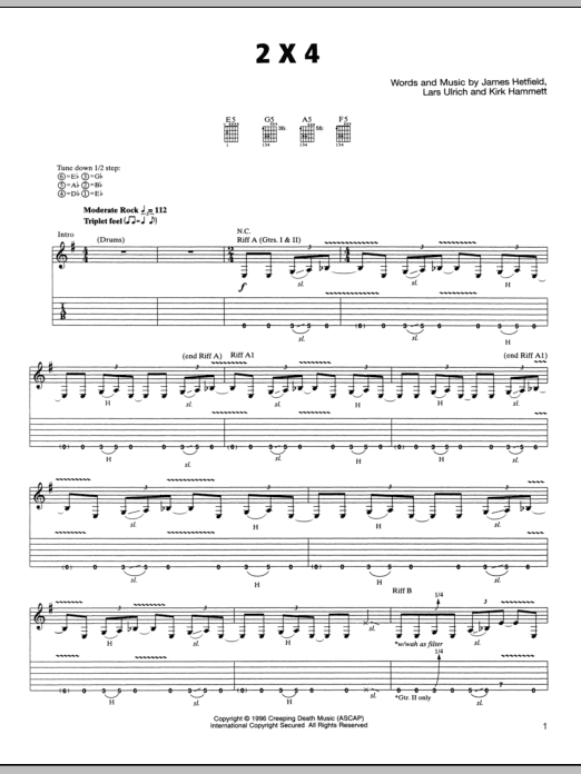 Metallica 2 x 4 sheet music notes and chords arranged for Bass Guitar Tab