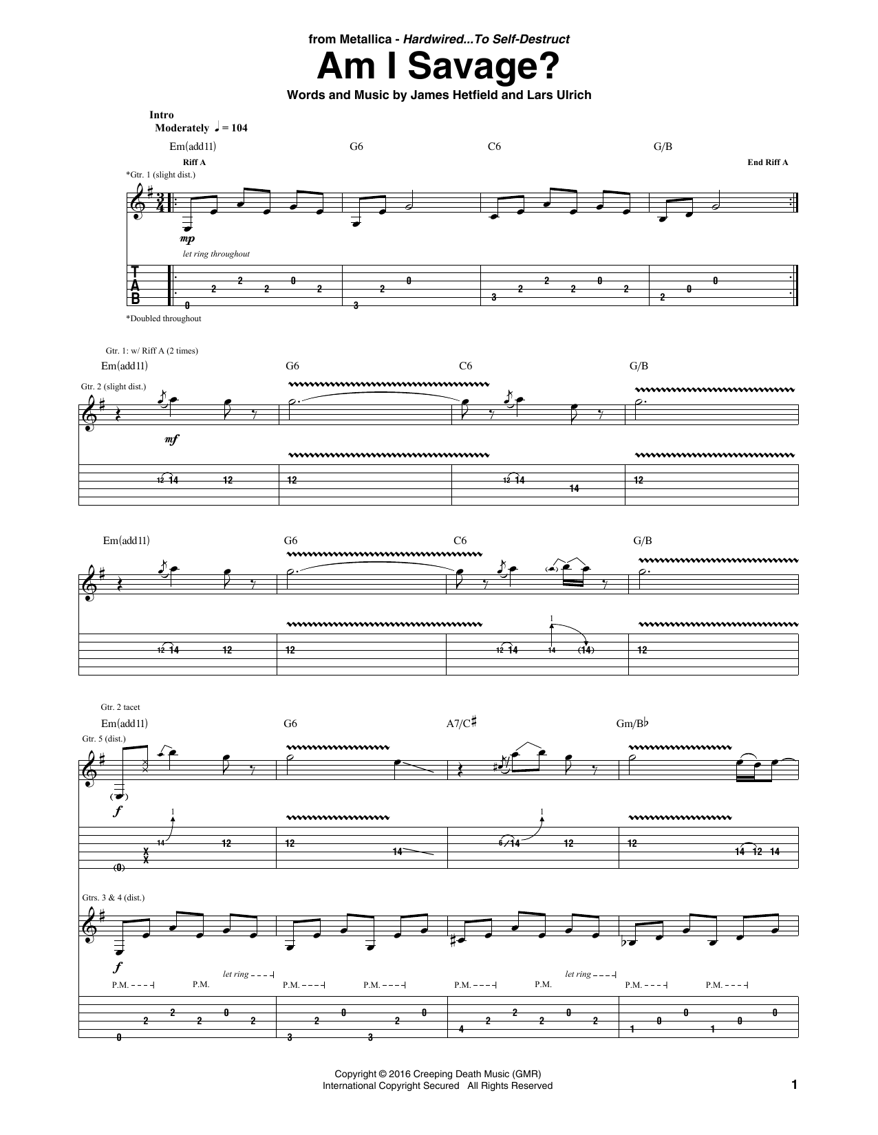 Metallica Am I Savage? sheet music notes and chords arranged for Guitar Tab