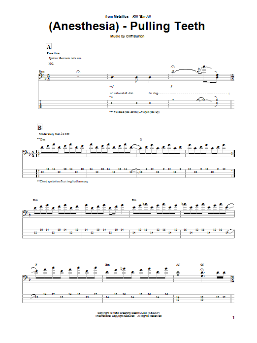Metallica (Anesthesia) - Pulling Teeth sheet music notes and chords arranged for Bass Guitar Tab