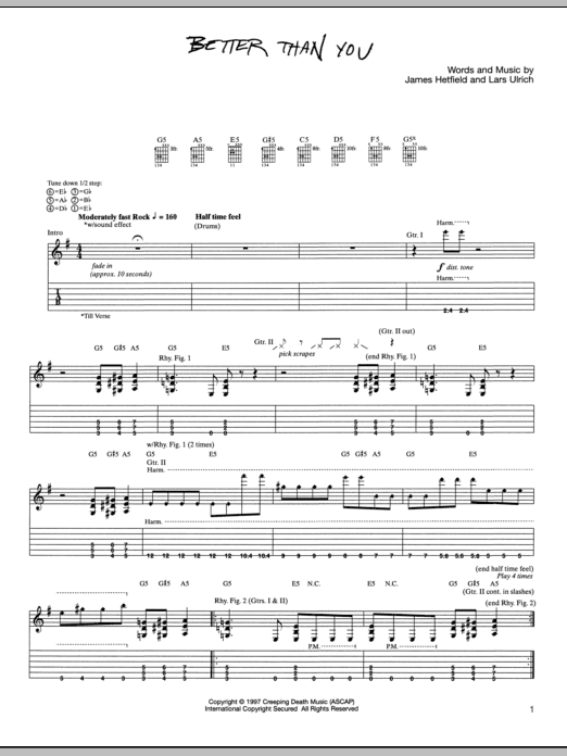 Metallica Better Than You sheet music notes and chords arranged for Guitar Tab