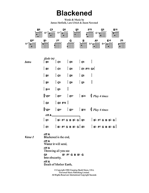 Metallica Blackened sheet music notes and chords arranged for Guitar Chords/Lyrics