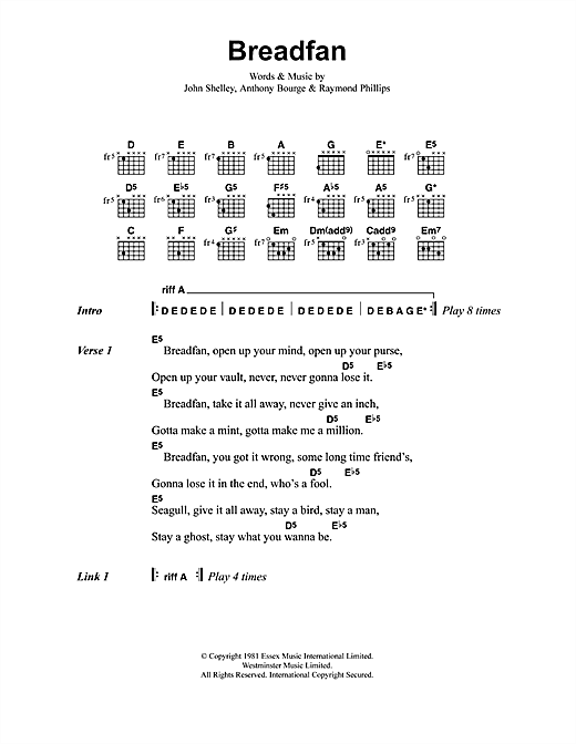 Metallica Breadfan sheet music notes and chords arranged for Guitar Chords/Lyrics