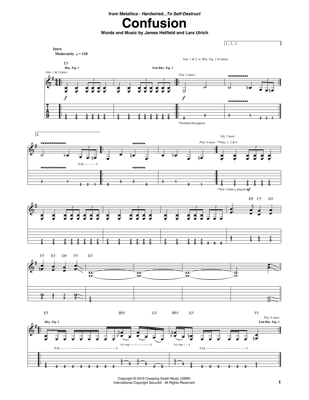Metallica Confusion sheet music notes and chords arranged for Guitar Tab