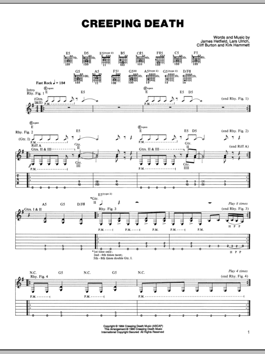 Metallica Creeping Death sheet music notes and chords arranged for Bass Guitar Tab