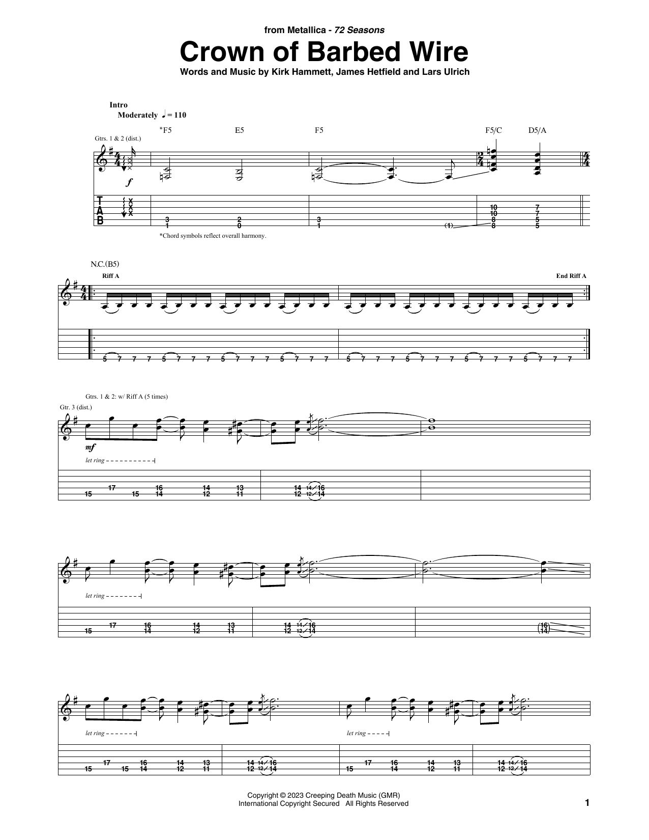 Metallica Crown Of Barbed Wire sheet music notes and chords arranged for Guitar Tab