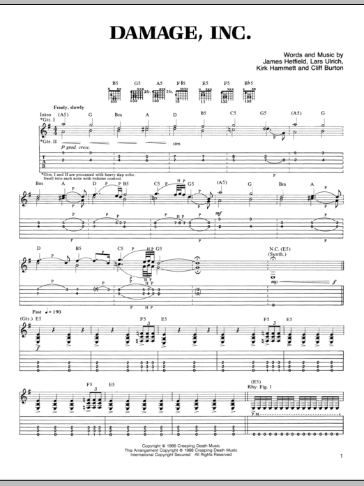 Metallica Damage, Inc. sheet music notes and chords arranged for Guitar Tab