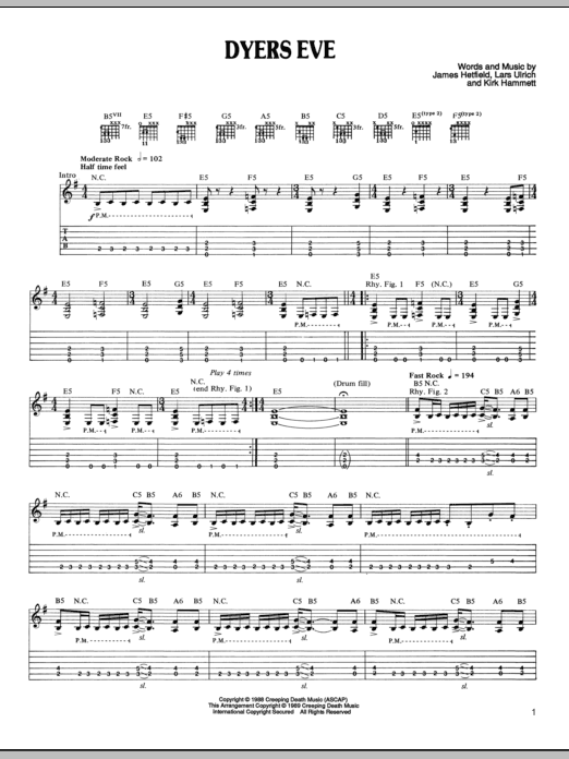 Metallica Dyer's Eve sheet music notes and chords arranged for Guitar Chords/Lyrics