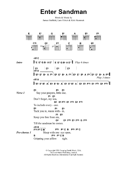 Metallica Enter Sandman sheet music notes and chords arranged for Piano, Vocal & Guitar Chords (Right-Hand Melody)
