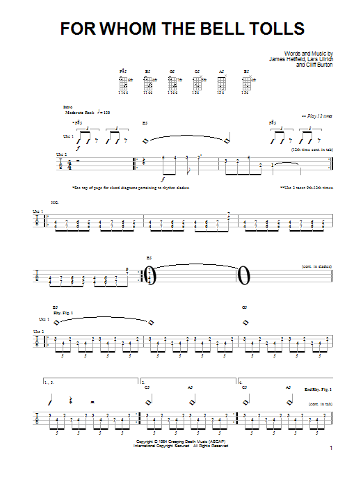 Metallica For Whom The Bell Tolls sheet music notes and chords arranged for Bass Guitar Tab