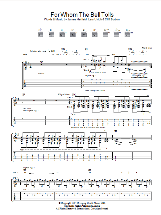 Metallica For Whom The Bell Tolls sheet music notes and chords. Download Printable PDF.