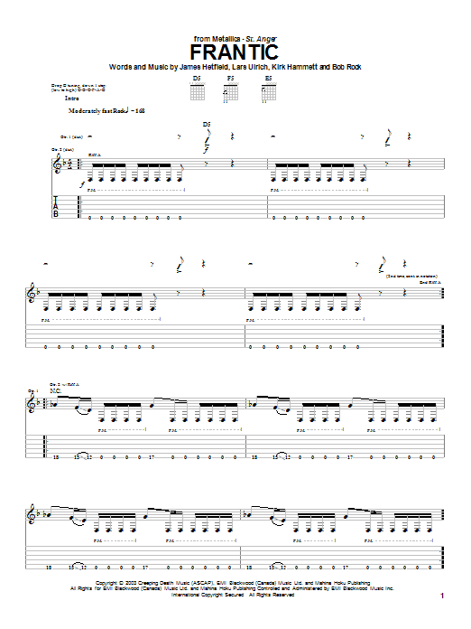 Metallica Frantic sheet music notes and chords arranged for Bass Guitar Tab