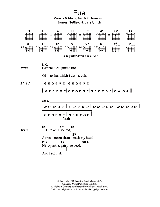 Metallica Fuel sheet music notes and chords arranged for Guitar Chords/Lyrics