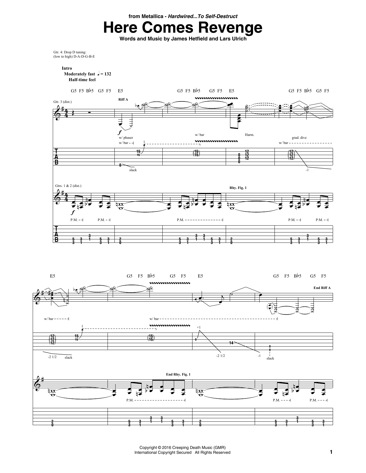 Metallica Here Comes Revenge sheet music notes and chords arranged for Guitar Tab