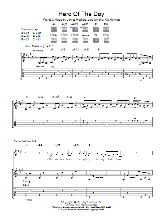 Metallica Hero Of The Day sheet music notes and chords arranged for Guitar Tab