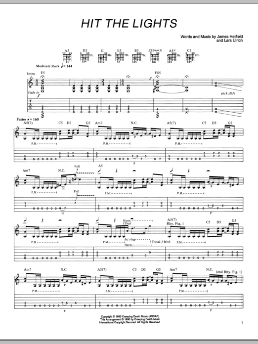 Metallica Hit The Lights sheet music notes and chords arranged for Guitar Chords/Lyrics