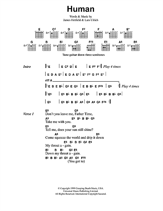 Metallica Human sheet music notes and chords arranged for Guitar Chords/Lyrics
