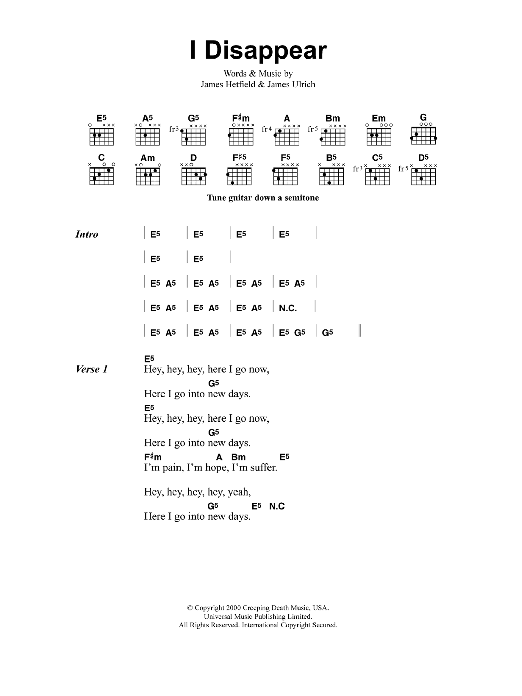Metallica I Disappear sheet music notes and chords arranged for Guitar Chords/Lyrics