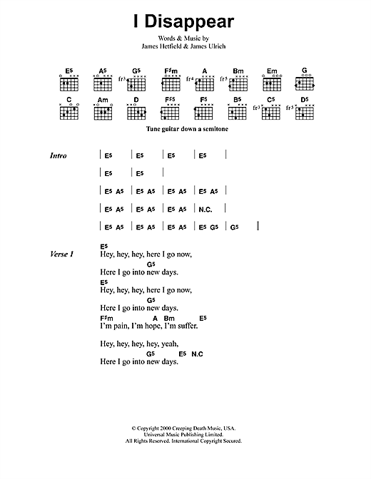Metallica I Disappear sheet music notes and chords arranged for Guitar Tab