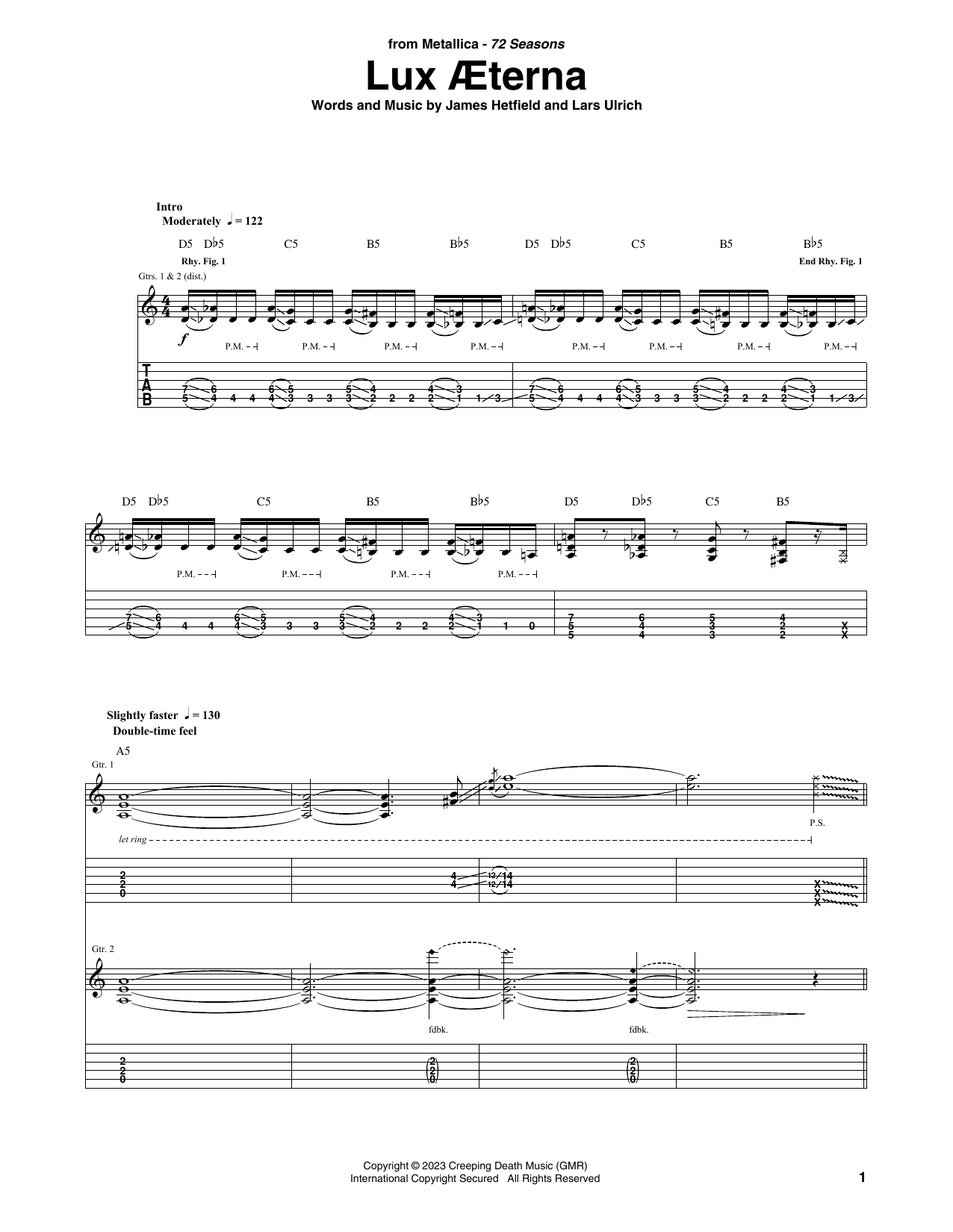 Metallica Lux Æterna sheet music notes and chords arranged for Guitar Tab