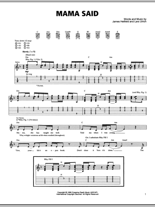 Metallica Mama Said sheet music notes and chords arranged for Guitar Chords/Lyrics