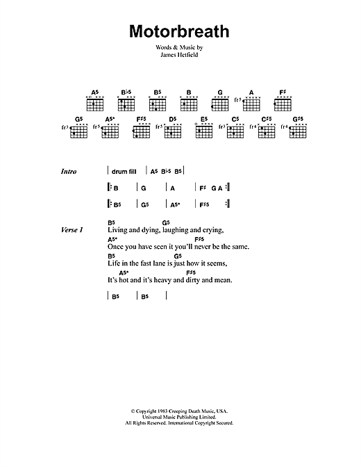Metallica Motorbreath sheet music notes and chords arranged for Guitar Chords/Lyrics