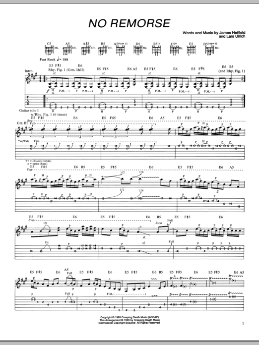 Metallica No Remorse sheet music notes and chords arranged for Guitar Tab