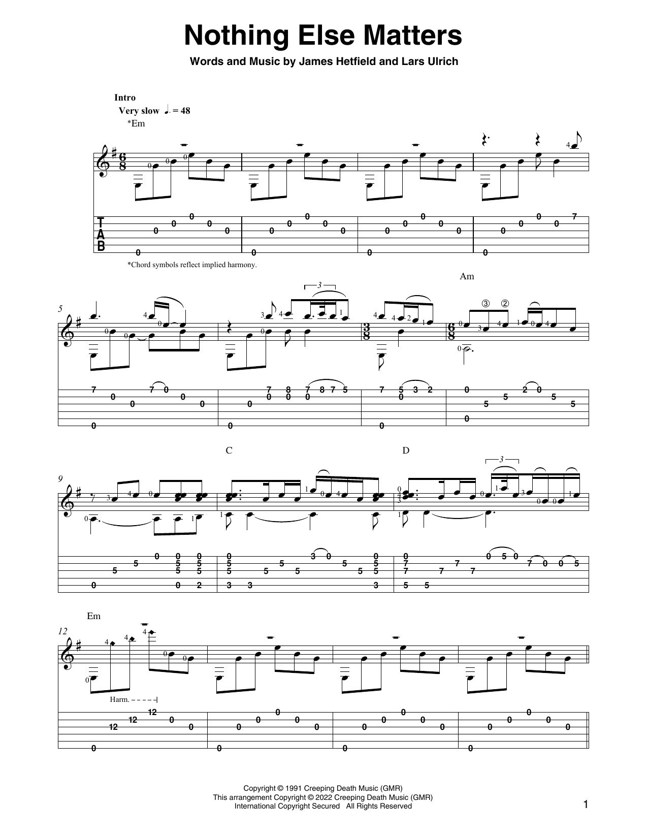 Metallica Nothing Else Matters (arr. Ben Pila) sheet music notes and chords arranged for Solo Guitar
