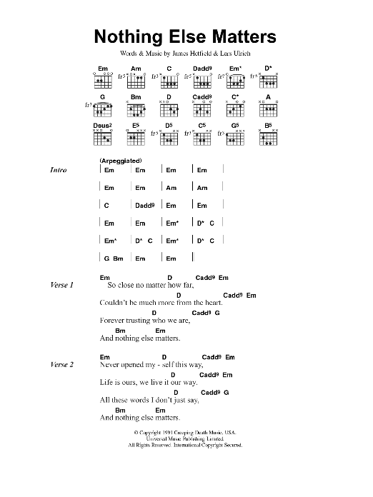 Metallica Nothing Else Matters sheet music notes and chords arranged for Guitar Lead Sheet