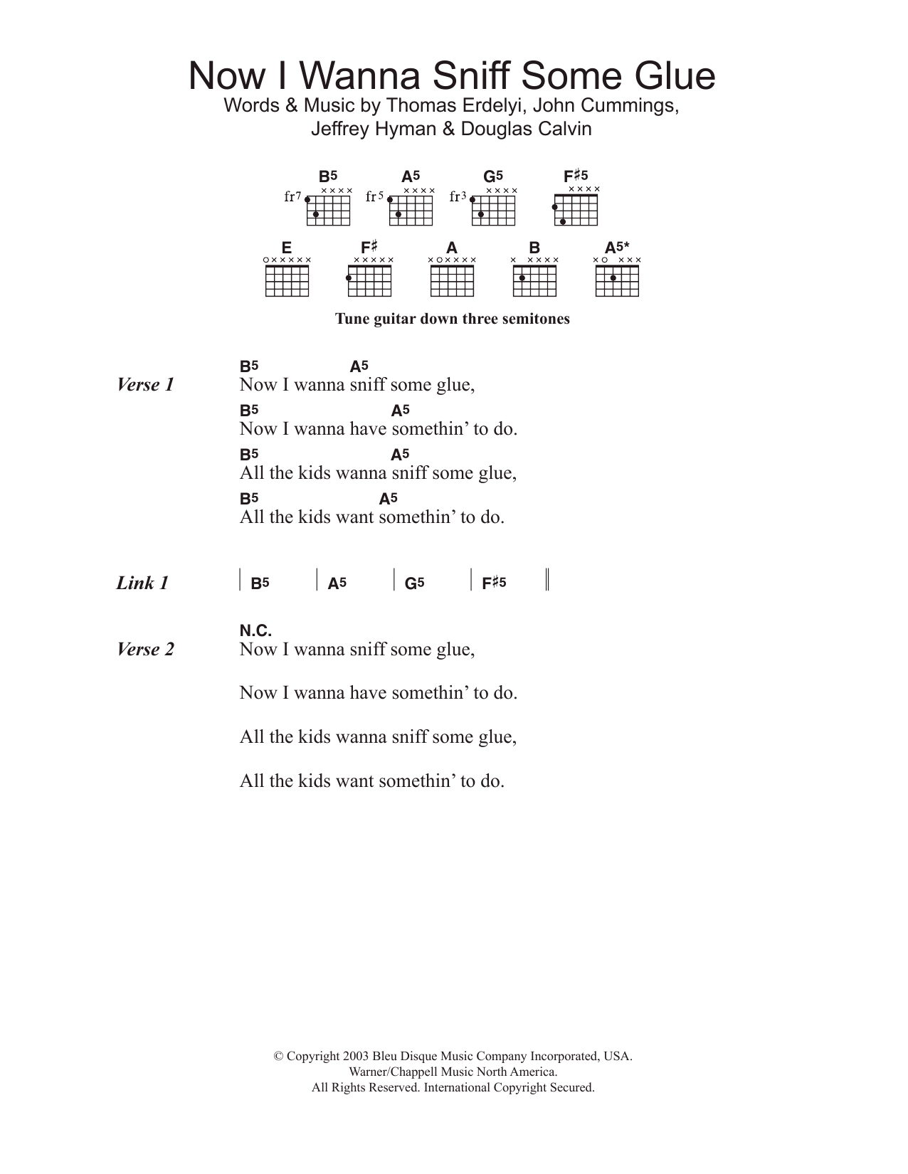 Metallica Now I Wanna Sniff Some Glue sheet music notes and chords arranged for Guitar Chords/Lyrics