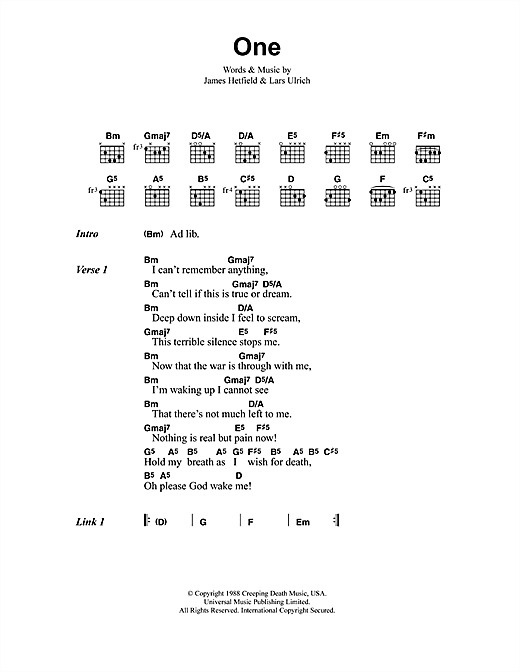 Metallica One sheet music notes and chords arranged for Guitar Tab (Single Guitar)
