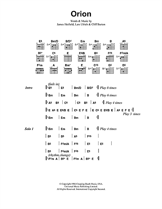 Metallica Orion sheet music notes and chords arranged for Guitar Chords/Lyrics
