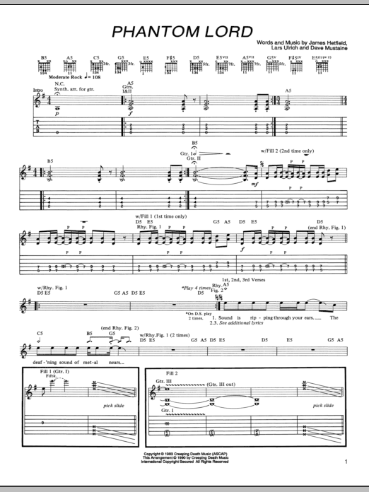 Metallica Phantom Lord sheet music notes and chords arranged for Bass Guitar Tab