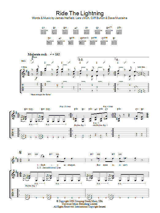Metallica Ride The Lightning sheet music notes and chords arranged for Bass Guitar Tab