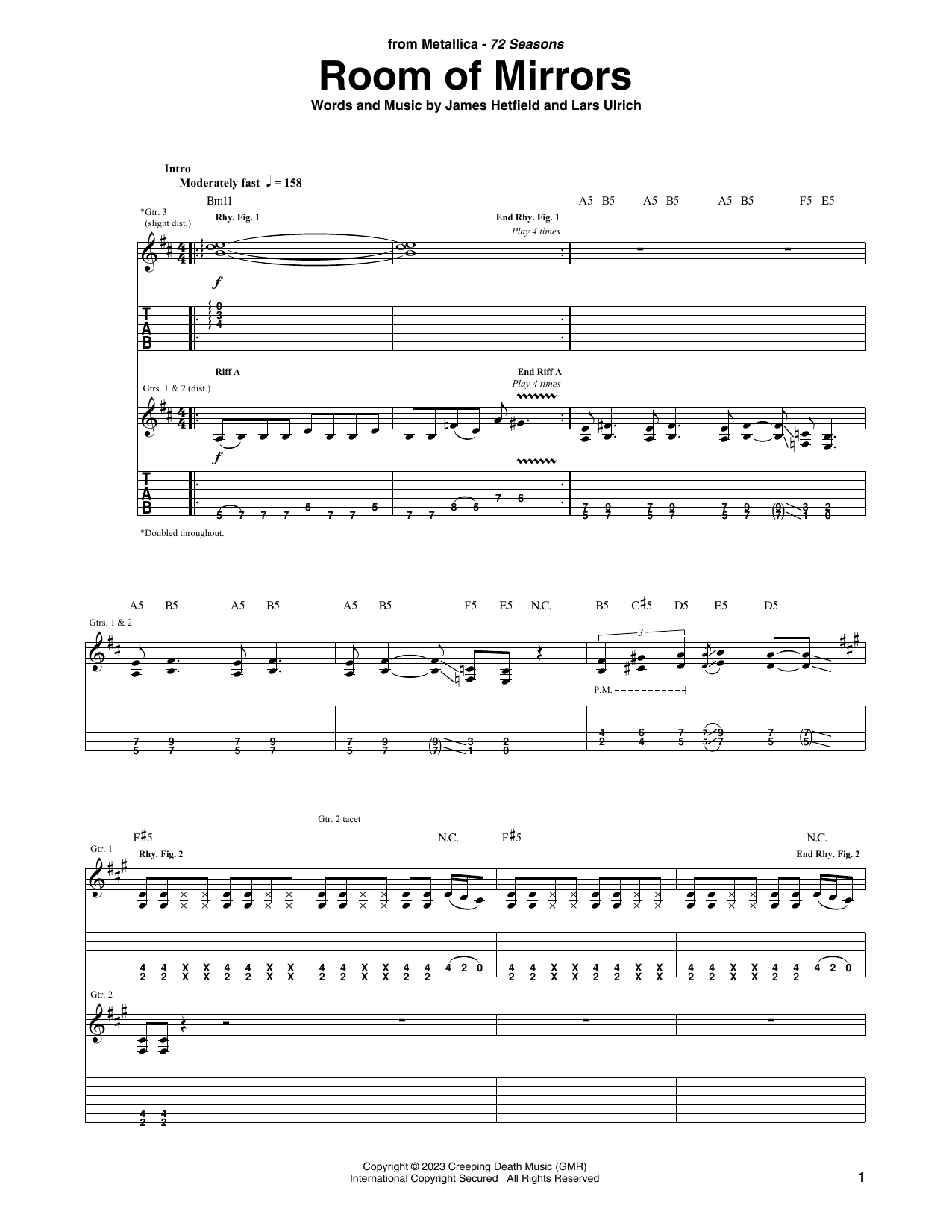 Metallica Room Of Mirrors sheet music notes and chords arranged for Guitar Tab