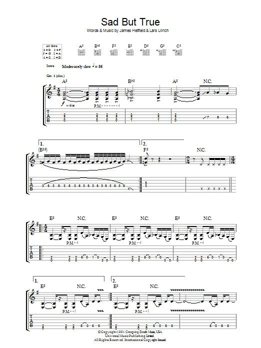 Metallica Sad But True sheet music notes and chords arranged for Guitar Tab